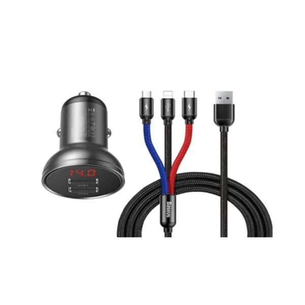 Baseus Digital Display Dual USB 4.8A Car Charger 24W with Three Primary Colors 3-in-1 Cable USB 1.2M Black Suit Grey