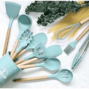 12Pcs Silicone & Wooden Kitchen Utensils set for Cooking