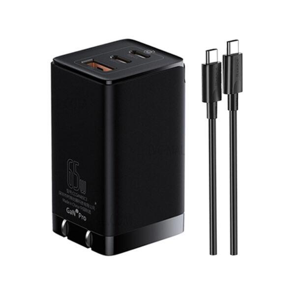 Baseus GaN3 Pro Fast Charger 65W 2C+U CN with Type-C to Type-C 100W Cable Black