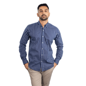 An image of a Men's Long Sleeve Shirt – Navy Blue & White Stripes