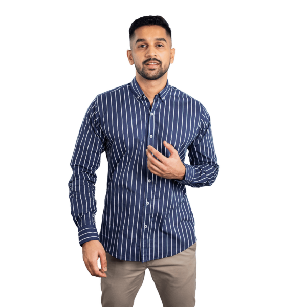 Benjamin George Men's Long Sleeve Shirt – Navy Blue & White Stripes - Image 2