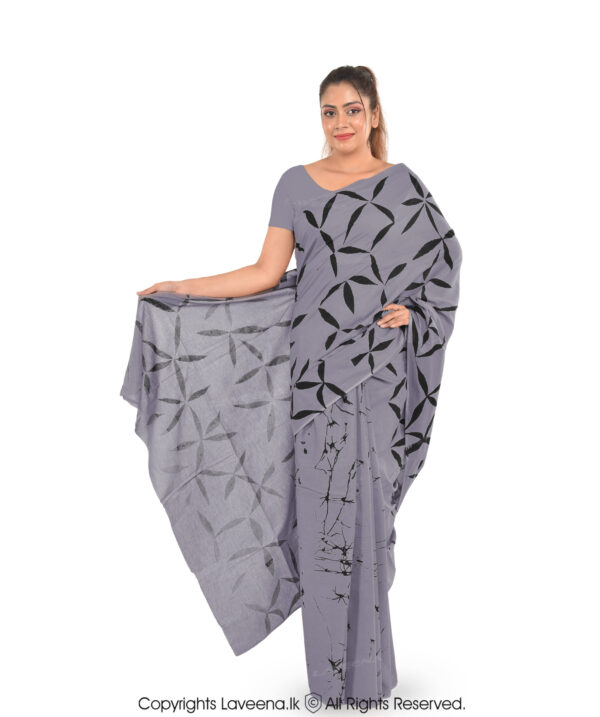 Laveena Cotton Batik Saree - Grey with Black - Image 2