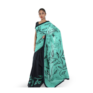 an image of a green colour batik saree