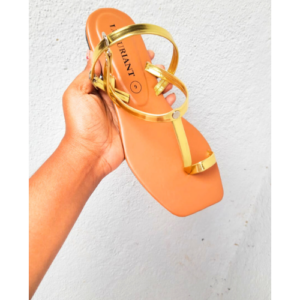 Women Gold Straps Flat Shoes Flip Flops Slipper Cream Colour