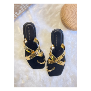 an image of a Women's Cross Gold Strap Flat Shoes Slipper Black Colour