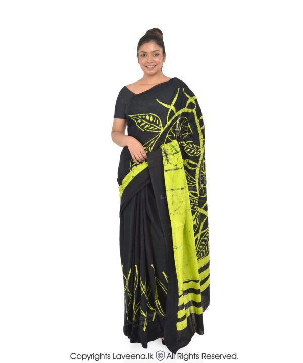 Laveena Cotton Voil Batik Saree - Bright Green with Dark Blackish Green - Image 2