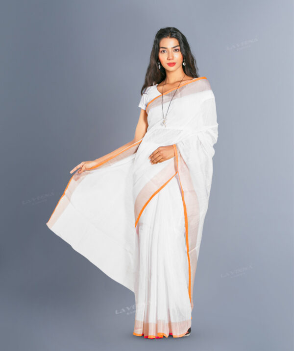 Cotton Saree -White with Orange & bronze Stitch Boarder - Image 2