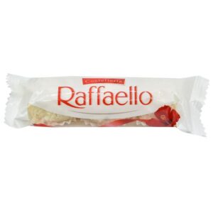 Image of Raffaello spherical coconut–almond truffle three pieces wrapped with transparent red and ivory colour cover.