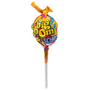 Image of a lollipop candy wrapped with yellowish coloured cover.