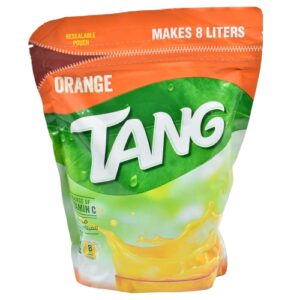 Image of instant Orange flavored drink powder packed inside of orage, green and yellow coloured with white colour letter on a resealable packet.