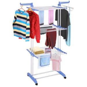 3 Tier Clothes Rack Folding Rolling Collapsible Garment Laundry Dryer Hanger Stand Rail with Two Side Wings Indoor Blue