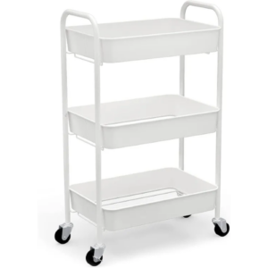 3 Tier Rolling Utility Cart with Lockable Wheels, Mobile Storage Shelves Organizer Cart with 3 Hanging Baskets and Handle, Kitchen, Office, Workshop