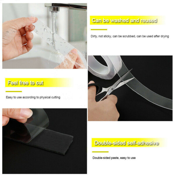 1M & 3M Nano Magic Tape Double Sided Strong Reusable Washable Strong Self Adhesive PU Gel Grip