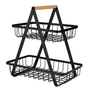 2-Tier Metal Fruit Basket Portable Kitchen Storage Countertop Shelf Rack for Fruits Vegetables Household Toiletries (Color : Black)