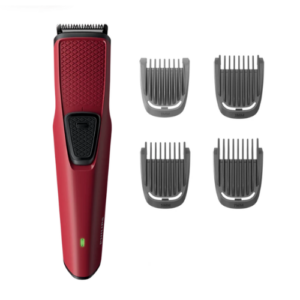 an image of a red colour beard trimmer