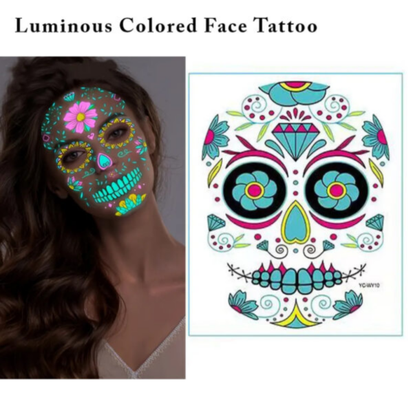 An image of a luminous temporary skull tattoo