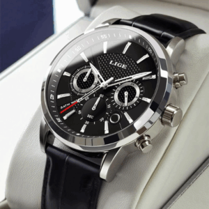 New LIGE Luxury Leather Band Watch for Man Black