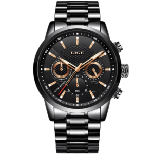 New LX217 Luxury Stainless Steel Watch Chain Quartz Analog Wrist Watch Black + Black Steel