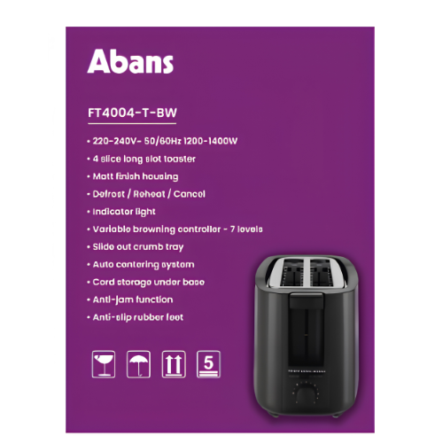 Abans 4 Slice Pop Up Toaster - FT4004-T-BW - Quickee Abans 4 Slice Pop Up Toaster - FT4004-T-BW